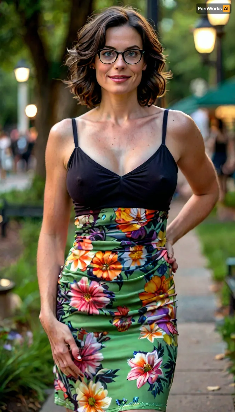 Perfect award-winning photo of a gorgeous Boston MILF in a summer dress standing in a colorful Boston park at night, upper body in view, detailed background, Uber realistic, perfect illumination, (best shadow), 8K, UHD, sharp image, fine detail, (slender with big large naturally sagging breasts), busty, great boobs, bright green eyes, (smooth unwrinkled clothes), (short black hair with white streaks in tight ringlets), (highly detailed face), (beautiful, blushing, pale skin), high forehead, slender eyebrows, thin lips, light makeup, pixieish smile, glasses, large areolae with puffy nipples under the dress. Show vivid detail of city around her., but, braless, Wearing, clothes, that, make, sense, with, Braless>, large, breasts, big, boobs, huge, tits, <lora:add-detail-xl:2>, <lora:BUT_SDXL_SHS:.3>, <lora:bralessSDXL_v1_00022:1.5>, <lora:style_lora_realis:2>, <lora:bombshell_v2:.2>
