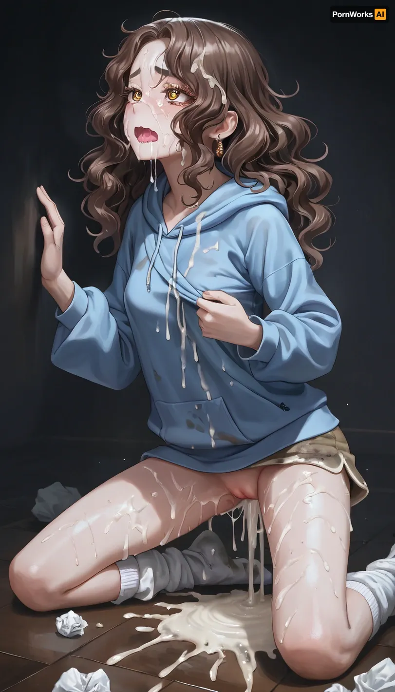 anime style, woman, brown hair, wavy hair, dot nose, closed mouth, wavy mouth, pale skin, oversized hoodie, blue hoodie, baggy sleeves, stained shorts, baggy socks, a lot of dirt, white socks, pussy, dark room, body, learning forward, face up, hip down, wariza, sweating, thick eyelashes, perfect eyes, best detailed hair, detailed body, detailed eyes, cum on body, cum on thigh, detailed face, vaginal sex, faceless man, saliva trail, deep penetration in pussy, one breast exposed, cum on face, excessive cum on body, excessive cum overflowing from pussy, played body, used tissue and used condom on floor, grab arm, open mouth wide, from side view