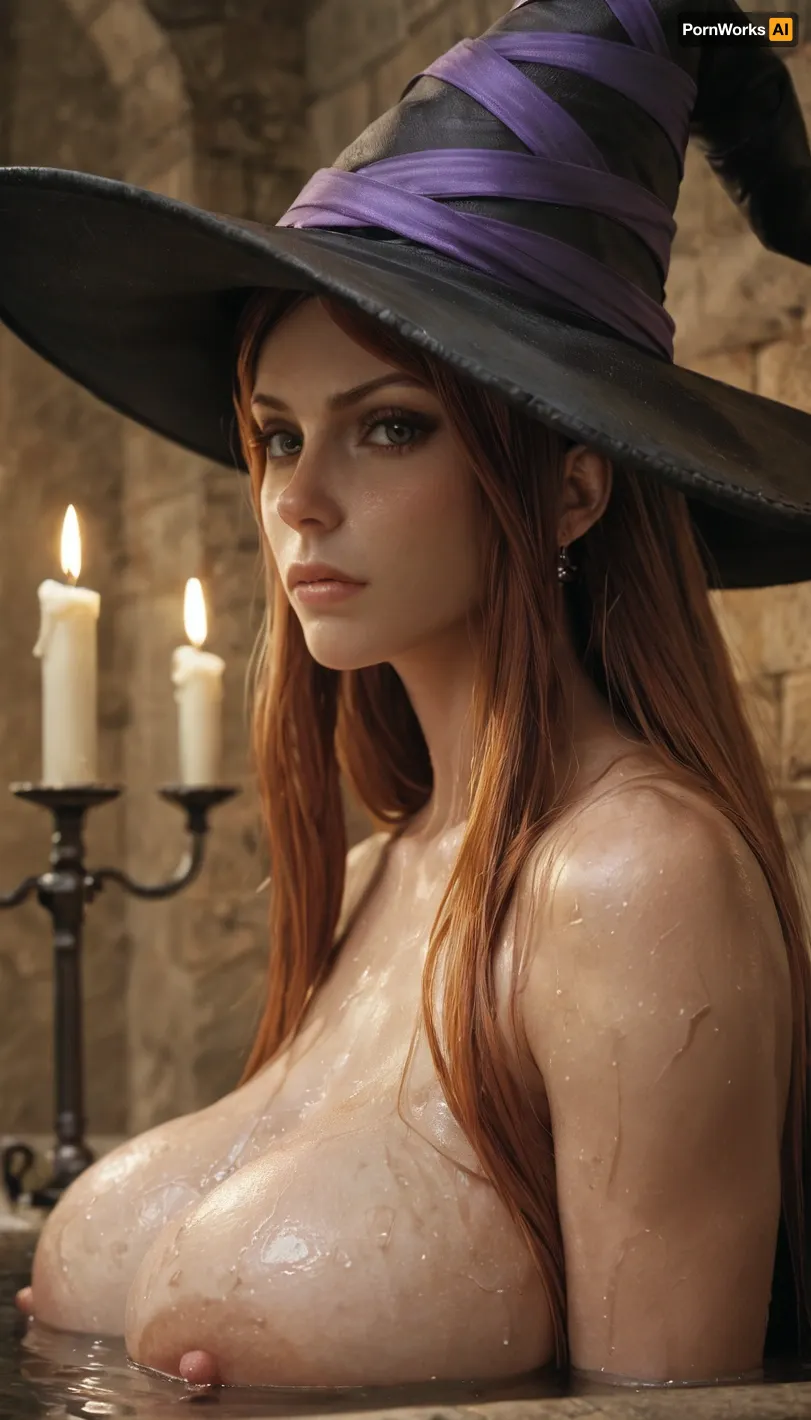 masterpiece, best quality, high resolution, hires, score_9, score_8_up, score_7_up, score_6_up, (Sorceress from Dragon's Crown:1.4), solo, side view, close up, hat, ((massive breasts)), looking at viewer, annoyed horny expression, annoyed, candles, candlelight, dimly lit by candles, night, detailed, fantasy, being extra slutty after a long bath, wet and super seductive