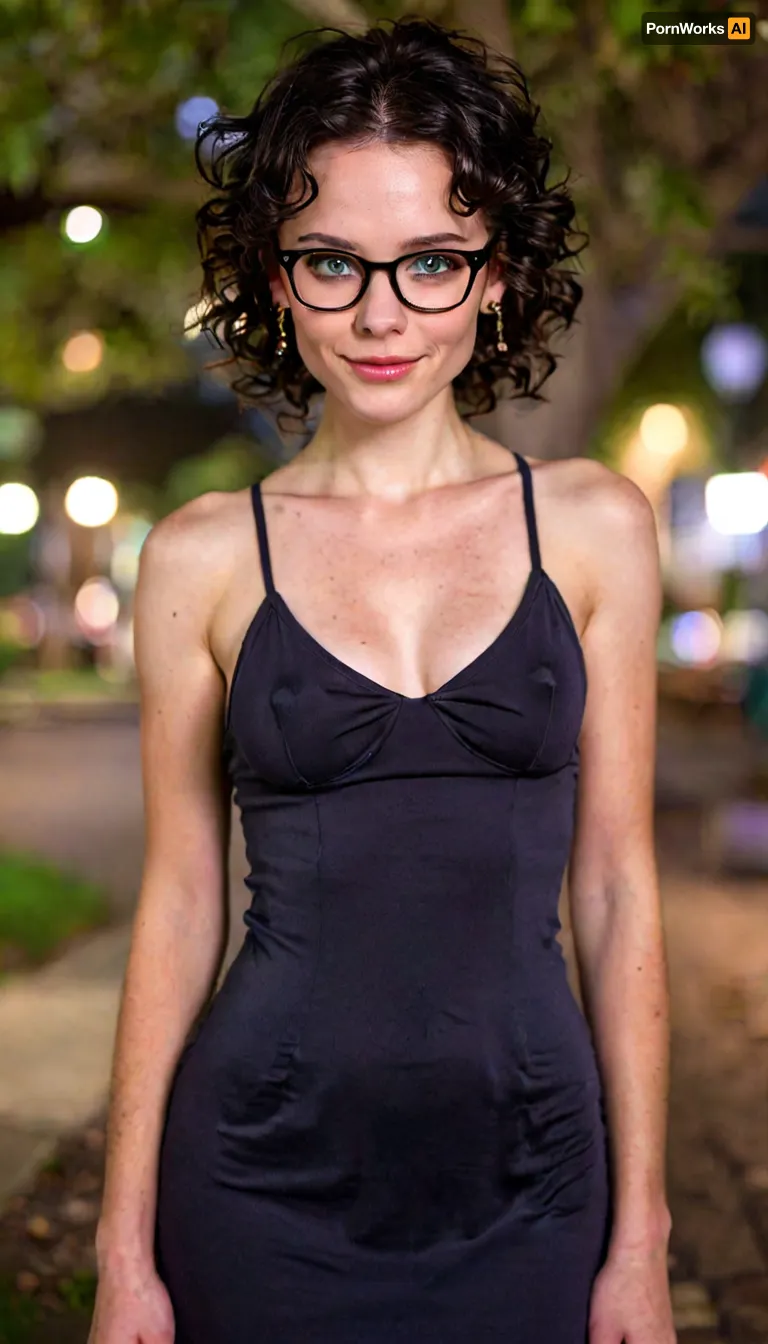 Perfect award-winning photo of a gorgeous Boston MILF in a summer dress standing in a colorful Boston park at night, upper body in view, detailed background, Uber realistic, perfect illumination, (best shadow), 8K, UHD, sharp image, fine detail, (slender with large naturally sagging breasts), bright green eyes, (smooth unwrinkled clothes), (short graying black hair in tight ringlets), (highly detailed face), (beautiful, blushing, pale skin), high forehead, slender eyebrows, thin lips, light makeup, pixieish smile, glasses, large areolae with puffy nipples under the dress. Show vivid detail of city around her., but, braless, Wearing, clothes, that, make, sense, with, Braless>, puffy, nipples, dark, ghost, wide, <lora:MJ52:2>, <lora:add-detail-xl:2>, <lora:BUT_SDXL_SHS:.3>, <lora:bralessSDXL_v1_00022:1.5>, <lora:Nipples XL:.8>