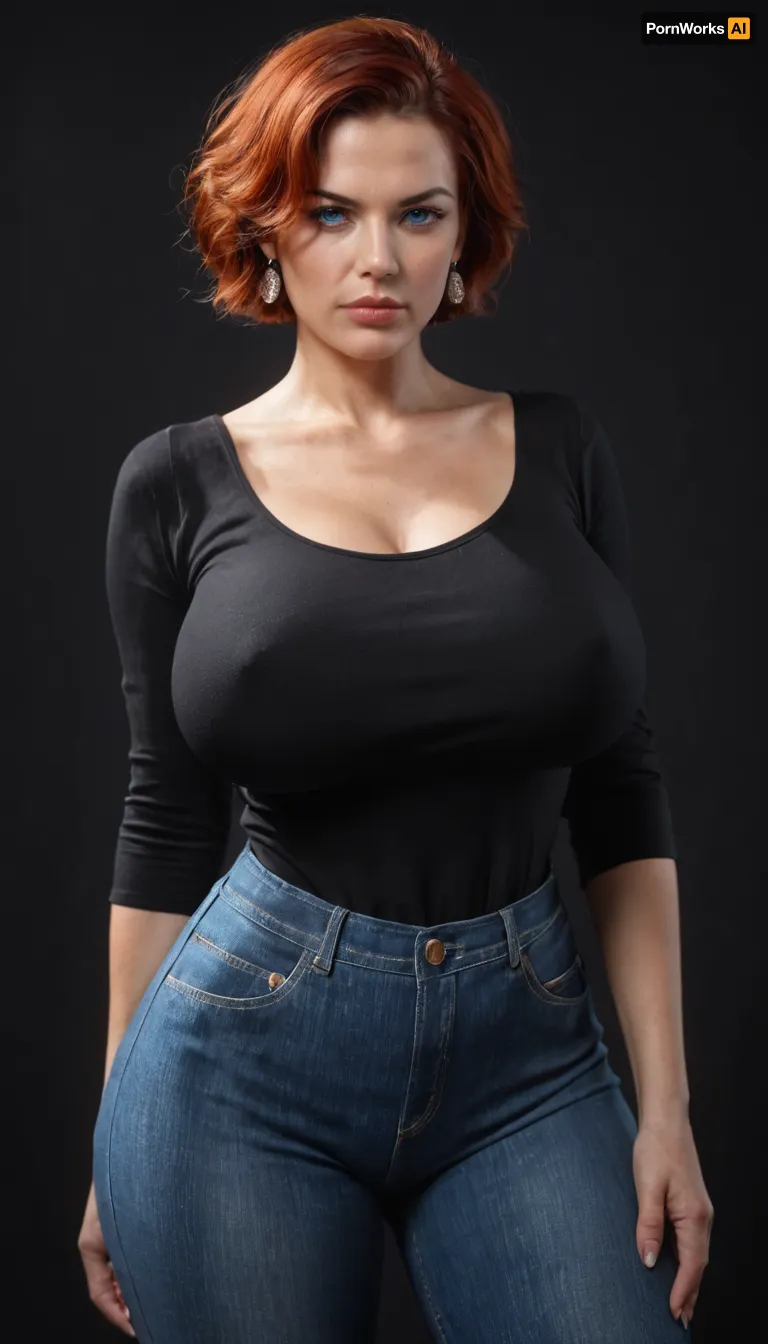 photorealistic, (40 y/o gorgeous milf), best quality, afterglow, 4k, ((masterpiece)), extremely detailed, 8k, black background, black room, Intricate, High Detail, Sharp focus, curvy, 1girl, ((perfect eyes)), (beautiful face, perfect eyes:1.2), (busty and curvy1.5), (busty hourglass body), (thick:1.5), (thick thighs), (huge breasts:1), (wide_hips:1.5), collarbone, (black tunic top, jeans), solo_focus, serious, (short red hair, classic pixie haircut, straight hair, blue eyes), lips, standing