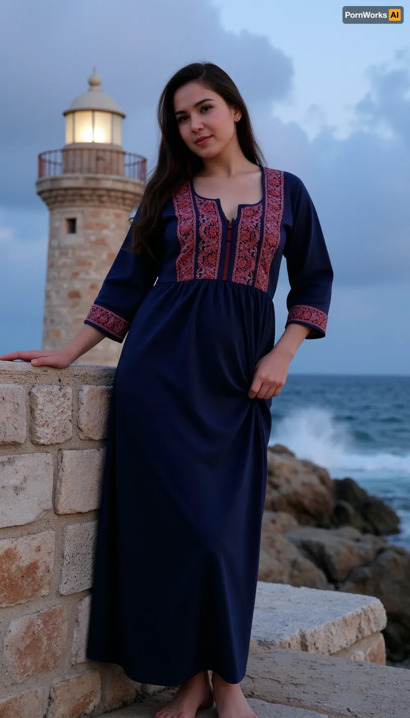 A stunning Palestinian woman standing proudly on a windswept coastal cliff at dusk, her silhouette framed against a weathered stone lighthouse. She wears traditional embroidered *thobe* dress in deep indigo with intricate crimson tatreez patterns along the sleeves and collar, the fabric clinging to her full, curved figure as sea gusts billow the skirt. Her olive-toned skin glows warmly against the twilight, dark curls escaping her *shattaweh* headdress to dance across high cheekbones. One hand rests gently on the lighthouse's sun-bleached base while the other gathers her garment against the breeze, gaze fixed on distant storm clouds gathering over the Mediterranean horizon where waves crash violently against jagged rocks below. The composition balances her powerful presence with the stoic lighthouse, both enduring symbols against the vast, turbulent seascape., ((LIGHTHOUSE VISIBLE IN BACKGROUND))