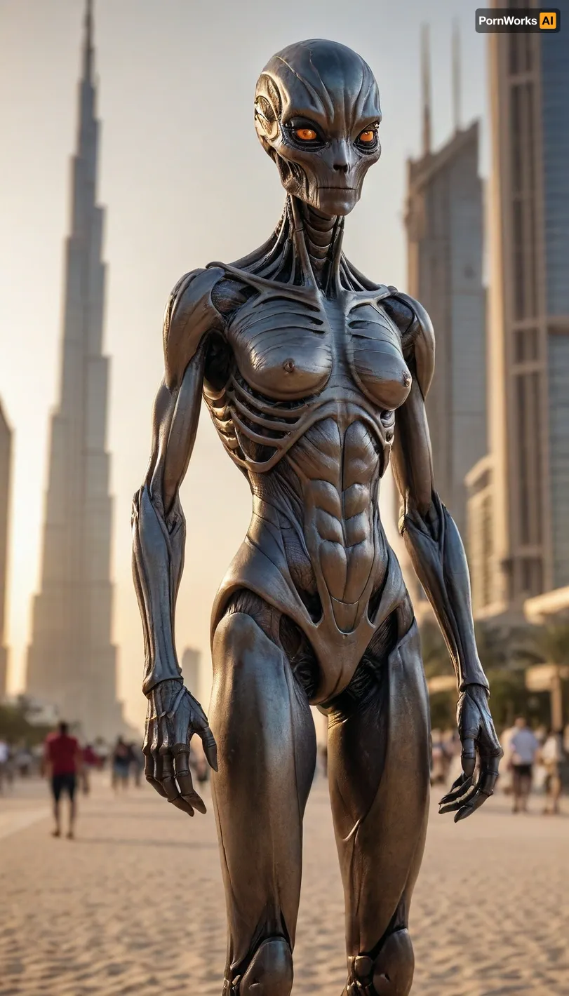 masterpiece, UHD, 8k hyper-photorealistic ultra-detailed full body, detailed luxury, no noise, organic grey alien female elongated head large slanted black eyes subtle jaw, intricate natural brown exoskeleton soft textures, confident stride on clear Dubai avenue sunset, Burj Khalifa towers golden sand paths sharp focused luxury crowds, no blur no noise high fidelity perfect anatomy, (intricate detail:1.1), (full body sharpness:1.2), (xeno texture:1.3), style xeno-intricate-real