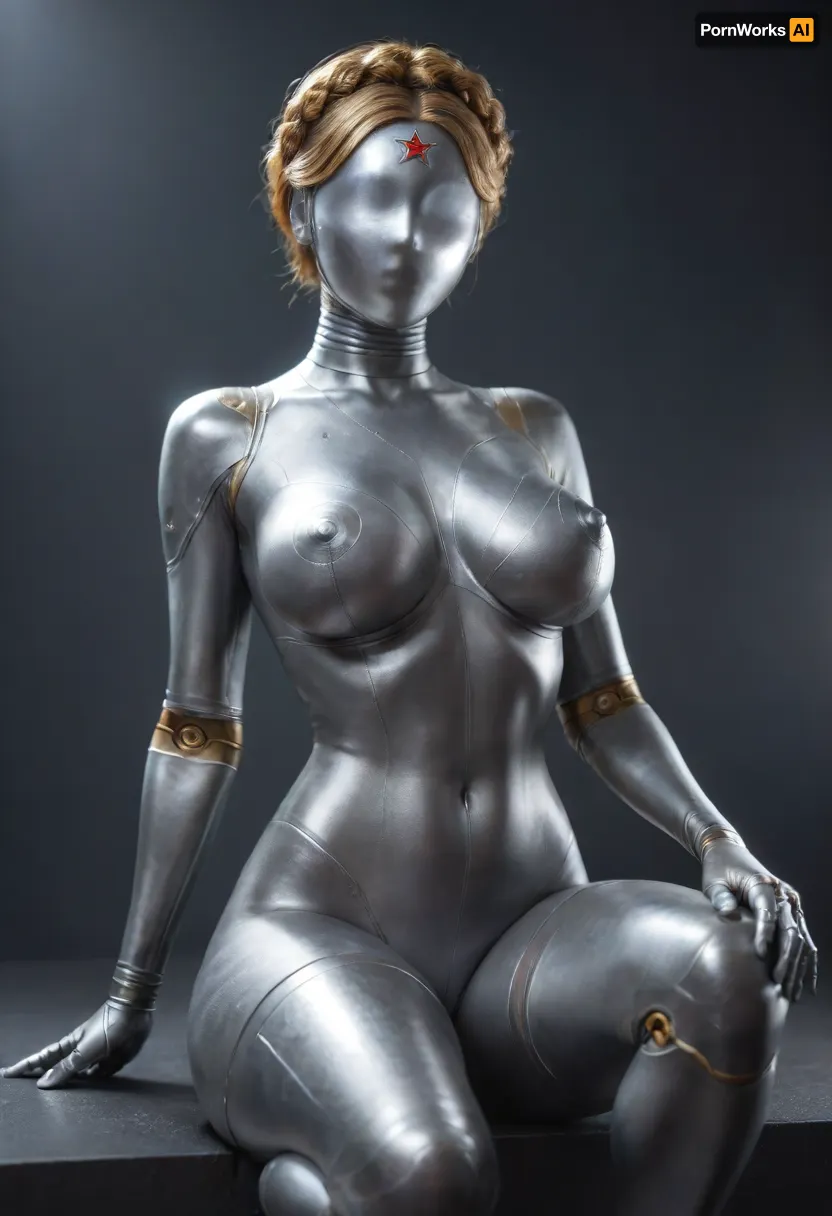 masterpiece, (steel twin from atomic heart, steel skin, steel face, robot body:1.3), (steel full face mask:1.3), steel skin, naked, tall slender, slim, giant breasts, mini waist, massive hip, hourglass figure, on one knee, one knee raised, simple cyan background, (reiq:.6), <lora:attractive_notrigger:1.8>, <lora:M05_Intensify:.8>