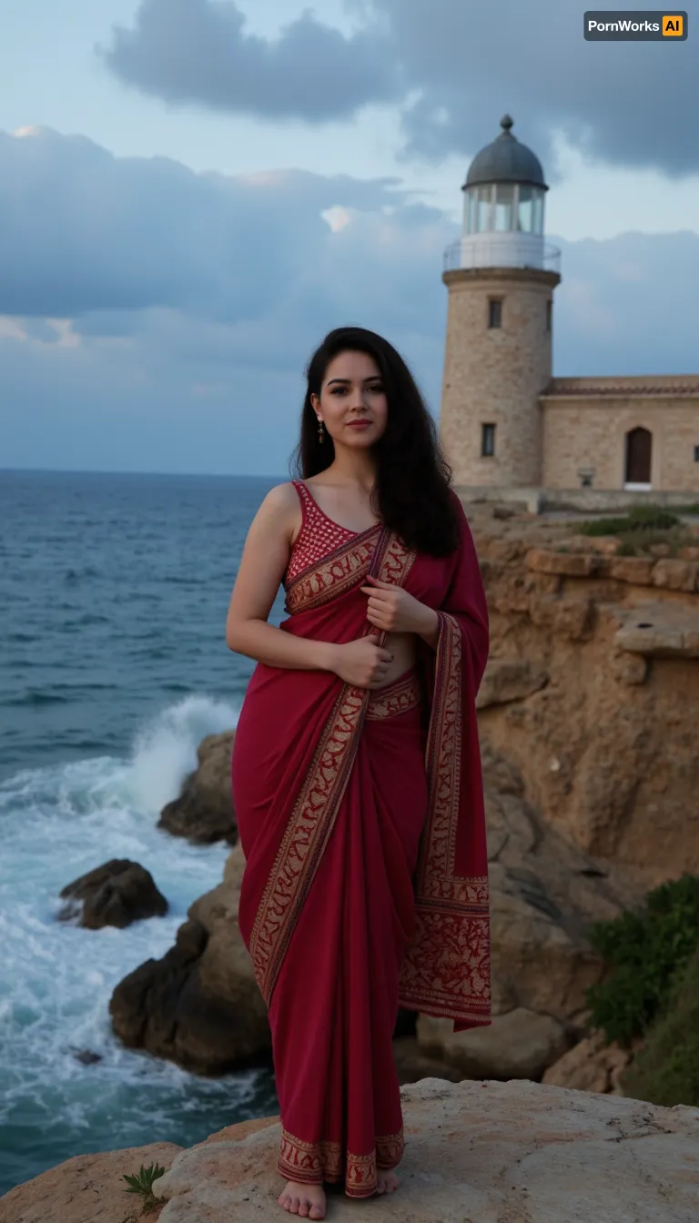A stunning pakistani woman standing proudly on a windswept cliff at dusk, her silhouette framed against a weathered stone lighthouse. She wears traditional embroidered sari dress, the fabric clinging to her full, curved figure as sea gusts billow the skirt. Her olive-toned skin glows warmly against the twilight, dark curls escaping her headdress to dance across high cheekbones. One hand rests gently on the lighthouse's sun-bleached base while the other gathers her garment against the breeze, gaze fixed on distant storm clouds gathering over the Mediterranean horizon where waves crash violently against jagged rocks below. The composition balances her powerful presence with the stoic lighthouse, both enduring symbols against the vast, turbulent seascape., ((LIGHTHOUSE VISIBLE IN BACKGROUND))