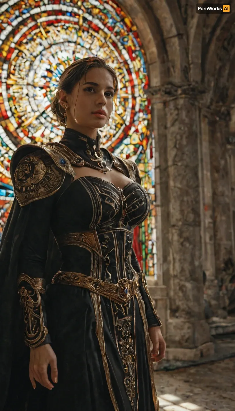 realistic Jill Valentine as a mythic ascension Rogue Trader, saint-like and divine, large breasts, wearing ornate golden and silver gothic power armor inscribed with glowing holy runes, flowing crimson cape embroidered with Imperial Aquilas and purity seals, wielding a radiant power sword blazing with holy light, halo of golden energy glowing above her head, standing on the bridge of a vast Imperial starship surrounded by stained glass and gothic arches, beams of sunlight piercing the void behind her, aura of divine authority and righteousness, cinematic photorealism, ultra-detailed textures, dramatic lighting, volumetric light, ray tracing reflections, epic composition, depth of field, highly detailed environment, 8k, masterpiece, best quality