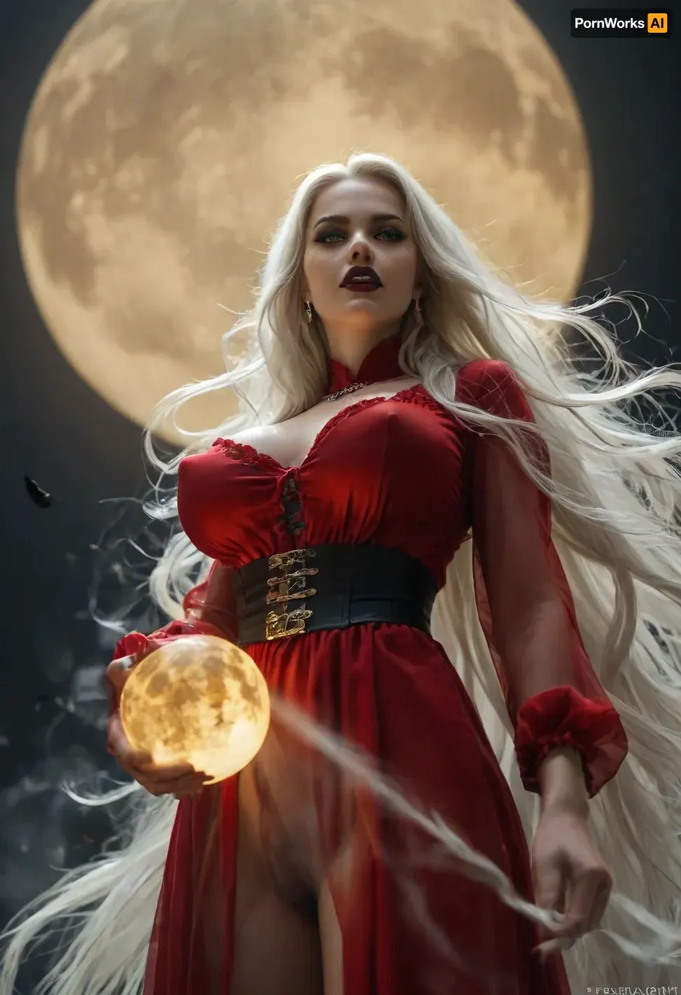 score_9_up, score_8_up, score_7_up, tall slender woman, lady death, hourglass figure, black lipstick, mouth slightly opened, teeth, (holding a glowing ball), eyesshadow, long eyelash, mini waist, massive hip, giant sagging breasts, extremely pale skin, (platinum long flowing hair:1.3), flowing_seethrough_red_bodysuit, glowing waist belt, wind, flouting in the air, night, flying bat see through the moon, (extreme full yellow moon:1.6), low angle shot, <lora:style_lora_realis:.8>