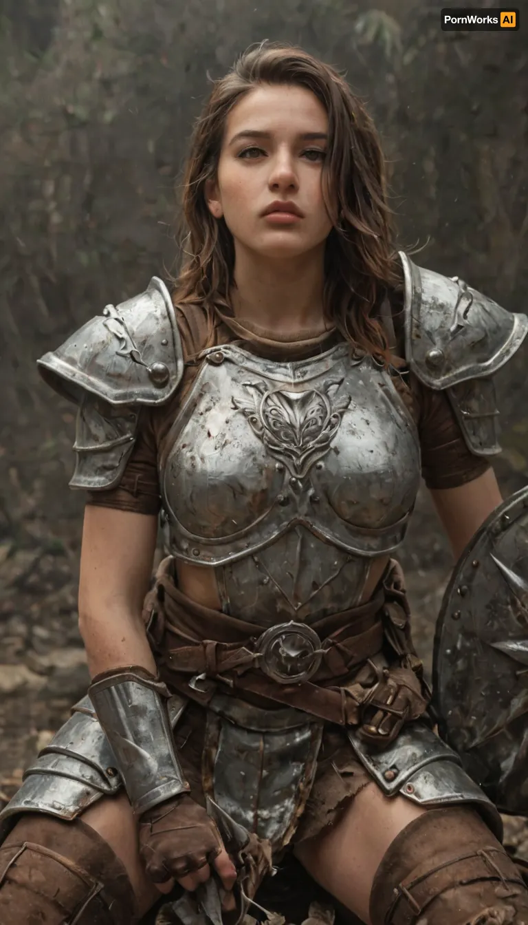 Female paladin, strong and determined, armor dented and scratched from battle yet still gleaming in places, short-cropped brown hair matted with sweat, a faint scar across her cheek, eyes burning with unshakable resolve, wearing a tattered tabard over heavy plate, gripping a longsword with dried blood along the blade, large shield marked with her deity’s symbol and battle damage, kneeling amidst a muddy battlefield lit by a dim golden light breaking through storm clouds, cinematic and ultra-realistic fantasy art
