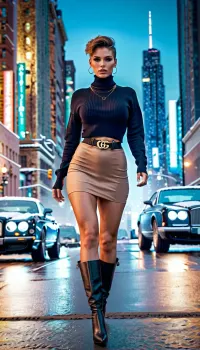 Ein hoch detailliertes und futuristisches Bild einer Frau mit gezüchtetem Pullover, schlankem Körper, Updo Haar, hellbraunes Haar, große Brüste, Vollkörperansicht mit schwarzer Benedikt Cntinental Gt 2023 im Hintergrund. Sie trägt einen Cyber