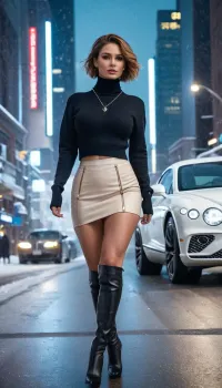 Ein atemberaubendes Foto von einer Frau mit langen, geraden Haaren, die eine schlanke schwarze Lederjacke und gezüchteter Pullover trug, wurde von einer AI mit High-End-Kamera-Technologie erstellt. Das Foto zeigte die Liebe des Künstlers zum Detail bei der Schaffung dieses atemberaubenden Kunststücks,