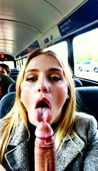 Una chica rubia impresionante está chupando una polla enorme mientras monta un autobús público generado por AI, causando indignación entre los pasajeros
