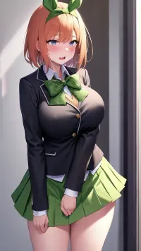 人工智能生成的文本中,描绘了一位长发和大乳房的女孩的高质量照片,穿着包括绿色丝带,黑色外套,露天衣服,以及高跟鞋的服装. 她站在大绿弓前