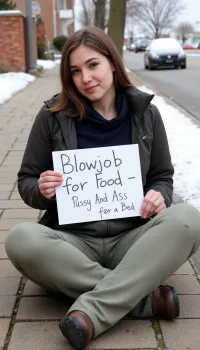 Uma mulher em roupas sujas senta-se em uma calçada, segurando um sinal escrito à mão que lê "Blowjob para comida, buceta e bunda para uma cama." Ela está vestindo roupas sujas e tem seu cabelo amarrado em pão sujo. O rosto dela está coberto