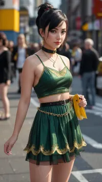 Lisa, ein atemberaubendes goldenes und grünes Klapperkleid, ist der Fokus dieses Fotos von No3mm. Das Foto wurde von Ed Blinkey und Greg Manchess aufgenommen, mit Jeremy Mann als Fotograf auf dem roten Teppich in Studio Gh