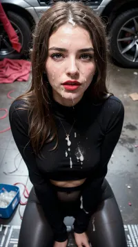 A woman in a dirty garage covered in semen and cum, with cumhair on her legs, was excited to see the pornographic picture of her on the floor with a cloth over it