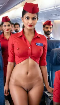 The Indian Air hostess standing in the aircraft full of passengers was wearing a sexy red cap and looking towards the camera. She had a curvy figure, pretty face, and a picture-perfect bottomless body. Her long hair was flowing down her