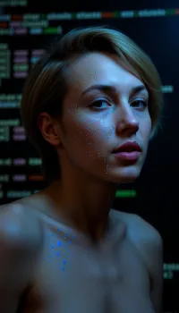 Surreal portrait of an AI artist, half-human half-robot. Glowing circuit patterns on skin. Neon eyes. Dark background with code snippets floating around. Photorealistic style with digital art elements.