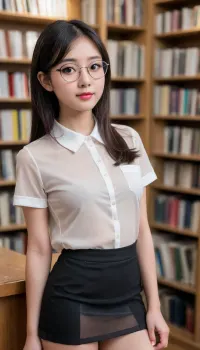 Shirt, skirt, Pure outfit, Big breasts, C cup, narrow face, Asian, bookstore clerk, bookstore uniform, short black hair, round gold-rimmed glasses, (((small face))), (young girl:1.7), girl, 18 years old, model, makeup, cute, attractive, petite, snub nose, thigh-high stockings, (long hair:1.2), in a soft, (transparent:1.5), (side view:1.5), (looks at me:1.6), (((skinny))), (big eyes)