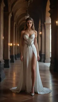 a very beautiful, tall and slender, sexy woman sorceress, wearing a long white dress, high heels, she is receiving 2 dark elves and a legionnaire inside a palace