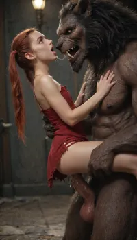 A beautiful petite fantasy woman gets fucked by a gigantic monster, flat chested, long red hair, pigtails, torn dress, fear, terror, gigantic flacid werewolf cock, deep vaginal fuck, cum squirts out of her pussy, dark fantasy world, carry sex, legs spread open, she is facing the monster, side view, the monster is gigantic compared to her, werewolf, modern-werewolf, <lora:Modern_Werewolf:.8>