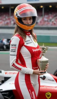 Masterpiece, full body shot, wide shot, Ferrari Female recar driver standing next to her formula one car, (((lifting winners trophy))), background is Monaco race track with an multiple formula one cars, (((formula one car:1.5))), formula one race, F1, formula one, full body race suit, realistic, real, hyper, realsitic, influencer, insta, beautiful, sexy, pretty, (((wearing modern closed face helmet))), helmet visor slightly opened, breasts, cutout, clothing, nipples, supermodel, face, big, lips, f312b, sophiaf