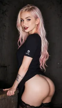 goth woman, long white hair with pink highlights, tattoos, piercing, black lipstick, black oversized t shirt clothes, lace thighhighs, round ass, open mouth, with a sexy dress, horny smile, seductive looking at viewer, <lora:Rawfully Stylish v0.2_epoch_20:1>