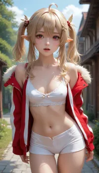 1girl, aged up, ahoge, alternate costume, areola slip, ass visible through thighs, blonde hair, blue sky, blush, breasts, cameltoe, cleavage, day, hair between eyes, hair ornament, jacket, klee \, (genshin impact\), leaning forward, long hair, long sleeves, looking at viewer, medium breasts, navel, open clothes, open jacket, open mouth, outdoors, pointy ears, red eyes, shorts, sidelocks, sky, small breasts, solo, thigh gap, thighs, twintails, white shorts, camel toe, visible nipple