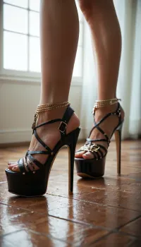 high heels fetish image, 1girl, 18yo, very petite, (((detailed very high platform heels))), focus on heels, ankle chain jewelry, (((close up, view from side))), perfect lighting