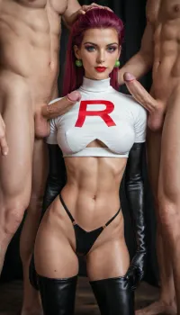 1girl, (Hiperrealistic style), amateur 8k photo, luxurious bedroom black theme, (Pokémon’s Team Rocket Jessie), (Pokémon’s Jessie Team Rocket outfit:1), (hiper detailed body), (25yo), (tall), (slim and fit figure), (narrow waist), (defined hips), (long toned legs), (firm butt), (moderate natural bust), (elegant, confident posture), (smooth fair skin), (toned but feminine physique), (very long magenta hair styled in a high side-swept coil), (large blue eyes), (soft purple eyeshadow), (red lipstick), (white crop top with a red “R” emblem), (white fitted miniskirt), (thigh-high black boots), (black satin opera gloves), hardcore gangbang, rough gangbang, a man is pulling down her hair, another man is pressing his dick against her face, other 6men in background.