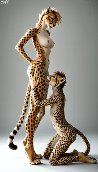 (yiff anthro furry cheetah:2), (anthro cheetah girls:1), sexy thin body, tall, (1 older and 1 younger:2.1), (long legs:1.4), built for speed, marathon runner build, side view, full body shot, (cat paws), on her toes, thick toned thighs, (huge bubble butt:1), (big soft boobs), (very wide hips:1.3), (tiny waist, tiny torso), nude anthro cheetah body, (2 lesbian cheetah girls), (extremely horny girls), licking her pussy, (standing cunnilingus)