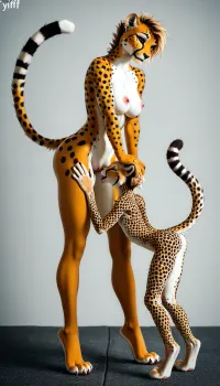 (yiff anthro furry cheetah:2), (anthro cheetah girls:1), sexy thin body, tall, (1 older and 1 younger:2.1), (long legs:1.4), built for speed, marathon runner build, side view, full body shot, (cat paws), on her toes, thick toned thighs, (huge bubble butt:1), (big soft boobs), (very wide hips:1.3), (tiny waist, tiny torso), nude anthro cheetah body, (2 lesbian cheetah girls), (extremely horny girls), licking her pussy, (standing cunnilingus)