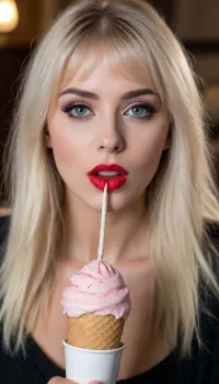 beautiful French woman, ((no pubic hair)), very long shaggy Platinum blonde hair with bangs, looking at the viewer, sultry expression, fashion makeup, red lipstick, perfect eyes, winged eyeliner, heavy eyeliner and black eyeshadow, long fake eyelashes, full lips, wearing a fuzzy black sweater showing cleavage, (8k, RAW photo, best quality, masterpiece:1.4), suggestively eating an ice cream
