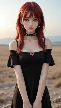 cleavage, dress, solo, long hair, (((she in love with viewer))), (hearts), red hair, nail polish, fingernails, no bra, short sleeves, collarbone, jewelry, collar, black dress, earrings, gothic, sky, day, sweater, off shoulder, spikes, blue sky, perfect hands, black nails, spiked collar, off-shoulder dress, sweater dress, electrolarynx