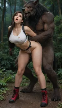 Custom Prompt Tifa lockheart, night, brunette, body, thicc thighs, jungle, ripped clothes, standing, arms held behind back, doggy style, huge cock, ahegao, full body shot, creampie, werewolf, nighttime, side view, pounding