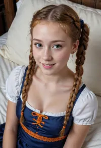 Minuit délice: un aperçu d'une jeune lass irlandaise dans un rêve bavarois

- Oui.

Sous la lueur de minuit, une jeune Irlandaise vibrante, âgée de 18 ans, se contentait de son grand lit mou dans une chambre médiévale loft. Son petit cadre, orné d'un dirndl traditionnel bavarois avec une robe bleu foncé sur une blouse blanche, l'encolure carrée taille basse accentue son visage souriant et ses rousseurs. Avec des cheveux de gingembre orange de longueur moyenne en cascade, elle semblait mignonne et maigre, sa silhouette à taille courte s'insère dans les couvertures matelassées sous les chevrons en bois.
