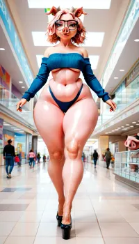 (anthro pig girl:2), Dumb slut, petite torso with massive ass, (sexy girl), (medium saggy natural breasts), (massive fat ass), thigh gap, (incredibly thick legs:1.8), (super thick thighs), (incredibly wide hips:1.6), (bottom heavy), (long legs:1.2), mini sweater, shiny skin, (very tight micro tube top), walking through a mall, full body, eye level angle, front view, <lora:milkers_v2:.5>