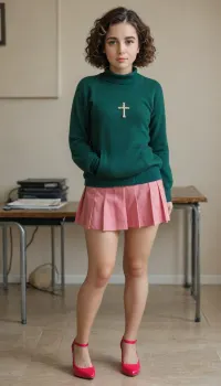 shy 25 year old girl, full body shot, (very embarrassed), (room with cheap desk), (feeling exposed), (extremely high pink plateau high heels), ((chubby legs:.8)), (normal upper body), (short girl), brown wavy hair, curly bobcut, (short dark brown hair:1.1), ((cross legged)), small breast, flat chest, (dark green cashmere pullover), (dark green jumper:1.2), (emerald pullover), (long pullover), (ultra short pink pleated micro skirt:1.2), (pink micro skirt:1.3), (plateau high heels:1.3)