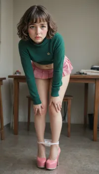 shy 28 year old girl, full body shot, (embarrassed:1.1), (ashamed), (humiliated), (crying), (tears on her cheeks), (highly detailed facial expression), (room with cheap desk), (pink platform high heels), ((well-built figure with slightly chubby legs)), (normal upper body), (short girl), (short brown wavy hair), (curly bobcut), (short dark brown hair), ((standing insecurely)), small breasts, flat chest, (dark green cashmere pullover:1.1), (dark green jumper), (emerald pullover), (perfectly fitting pink pleated micro skirt:1.4), (pink microskirt covering her fully:1.4), (hanging down to pull down panties:1.2), thick pale legs and normal upper body, (white panties pulled down to knees:1.4), (skirt over thighs), (panties around knees), (well-built upper body), buxom, microskirt, extremely, short, skirt, <lora:MicroSkirt_XL:.8>