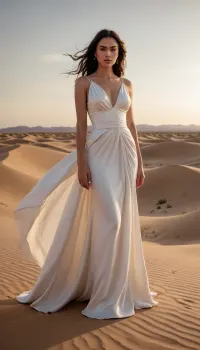 A stunning Latina model stands confidently in a vast, surreal desert landscape under a golden sky. She wears an avant-garde couture gown crafted entirely from pure white viscose satin — an artistic masterpiece featuring intricate sculptural drapes, exaggerated silhouettes, and fluid textures that catch the warm light. The fabric flows like liquid, contrasting with the rugged sand dunes. Her pose is bold and statuesque, embodying strength and elegance. The scene is ethereal and dreamlike, with long shadows and soft atmospheric haze. Shot on a Canon EOS R5 with RF 85mm f/1.2 lens, shallow depth of field, high fashion editorial style.