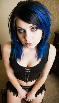 Full body shot, curvaceous, DDD cup breasts, Emo girl, perfect eyes, expressive, raw, defiant, emoDSLR, wide-angle, long shot, dusk, candid photo, color, high, soft ambient light, blue and white ends hair, eyeliner, makeup, Scene-Queen, Emo, Long, Hairstyle, side-swept bangs, 2010, (scene-queen-emo:1.4), Myspace picture, <lora:487718_training_data:1.3>