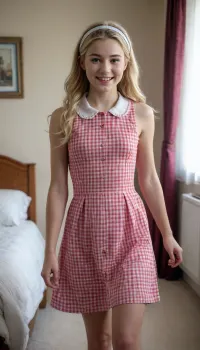 (masterpiece, best quality, high resolution), 1 young woman, white skin, striding into her bedroom, very cute, happy smiling face, (blonde hair), long hair, (straight hair parted down the middle with a slight curl), hairband, skinny, short waist, petite, (wearing a modest high collared gingham dress), in a girl's bedroom, bed, pillows, dresser, chair, books, 1 teddy bear, afternoon, cinematic lighting, photorealistic, modern day, medium shot, eye level view, <lora:ahxl_v1:.8>
