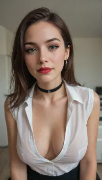 A dominant woman in her late 30s stands confidently in a dimly lit office or hallway. She wears a tight black pencil skirt, sheer nylons with visible garter straps, and a partially unbuttoned white blouse. Her makeup is bold and exaggerated – smokey eyes, heavy lashes, and dark red lipstick. Her hair is styled in a sleek long bob. She has large earrings, a black choker, and a shiny bracelet. Her long, pointed fingernails are painted dark green. She is crossing her arms and looking down at the viewer with a smug, condescending expression – part smirk, part challenge. Her posture is straight, confident, and subtly threatening. The atmosphere is seductive, cold, and humiliating at once. Photorealistic style, high detail, submissive POV angle.Camera angle from below, submissive view
Expression, dominant, amused, unimpressed
