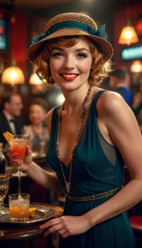 vibrant Flapper Dress, ginger bobbed hairstyle, cloche hat, silk tights, long beaded necklaces, sexy smile, laughing, flirtatious attitude, she is working in a nightclub as a hostess, (she is holding a serving tray filled with cocktails), she is busy serving packed tables while a crowd watches an enthusiastic jazz band perform, the bar is filled with high energy excitement, Masterwork, masterpiece, award winning photo, photojournalism, cinematic lighting, quality face, detailed face, drama, dynamic pose, highly detailed, best quality, perfect rendering, score_9, score_8_up, score_7_up, detailed texture, sharp focus, brilliant contrast, detailed skin texture, highly detailed body, high resolution, maximum detail, 1930s, (style), 30s, hair, Vintage, retro, Archive, photo, jazz, b4r, <lora:Vintage style - XL 1930s SDXL v1.0:1>, <lora:jazz_b4r:1>, <lora:style_lora_realis:1.3>, <lora:Vivid Midjourney mimic - XL SDXL v2.0:.8>