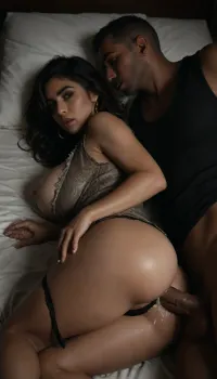 Milf aged 40 years old, huge ginormous breasts, (((Thicc huge voluptuous Indian Beauty in her torn sheer vest and lace thong pulled aside))), anal, massive, amateuranal, missionaryanal, laid on back on the bed, hardcore anal fuck, fucked by huge male dick, (((side spooning anal:1.5))), sucking another male cock, kl, jnnr, woman, cum, cum on ass, cum on tits, cum bukakke, cum fest, cum on body, cum on clothes, <lora:SDXL_MassiveCowsLoRA_v1:.7>, <lora:amateuranal:.8>, <lora:kl jnnr woman v1a:1.5>, <lora:dark:.8>