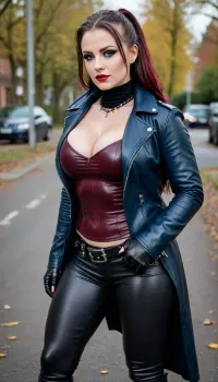woman, beautiful curvy female model, fair skinned gorgeous girl, small natural tits, VERY LONG HAIR, JACKET, BLACK LEATHER TROUSERS, leather gloves, leather boots, leather spike necklace collar, IN the street, perfect lips, dark gothic make up, dark gothic eyes shadows, long dark gothic eye liner, very red diva carmine lips, ponytail, SEXY FACE, blue eyes, dark eyebrows, thick waist, wide hips, big ass, (chubby), full body view, <lora:uberfit_lora_sdxl:.2>, <lora:bombshell_v2:.1>