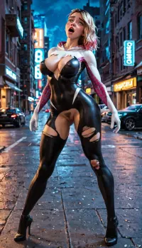 spider gwen, 18 years old, torn uniform, large breasts, getting fucked by a stranger in the streets, neon city at night, full body, pubic hair, heavy orgasm, <lora:Spider-Gwen:.8>