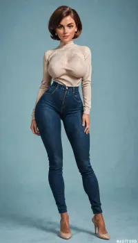 helen parr, large breasts, detailed waist, beautiful face, tan skin, horny expression, jeans, tan long sleeve shirt, standing, full body