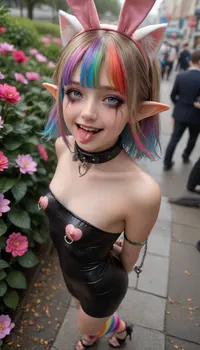 Amazing photography, 8k, highest quality, high angle, 18 years old, detailed face, insanely hot face, Young girl, slim body, lots of makeup, smokey eye shadow, ribbons in her hair, detailed sexy legs, small tits, ((skin tight dress, very short silky dress, multicolor mini dress, flowers and hearts on dress)), long multicolored rainbow hair, beautiful smug long multicolored rainbow hair, headband, big smile, barefoot, elegant open toe strap heels, ankle bracelet, side view, 4 foot up behind her, cute little butt, gorgeous young face, youthful, at the park, flowers, happy and excited, (full body), close up, (dancing), raining, wet skin, wet low back transparent dress, wet hair, elegant highheels, rainbow hair, multicolor hair, (large heavy pink nipple rings:1.5), wide opened mouth, long tongue out, tongue sticking, ahegao, cat ears, elf ears, bunny ears, ruined makeup, tears, ruined mascara, slave collar, rainbow stockings, rainbow gloves, tied arms behind back, handcuffs, chains, peace sign