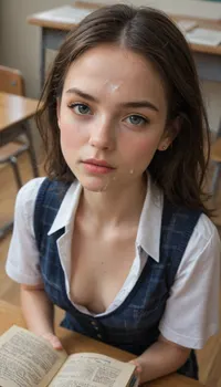 view from above, 18yo beauty reading a book, cute, (very petite:1.8), (young:1.8), cum solatter on face, angry, detailed HD pretty innocent beautiful face, pale skin, dark hair, messy plaid School uniform, cleavage, cum on face, cum on book, cum in cleavage, super realistic cum, ((nipslip)), classroom