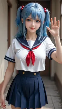masterpiece, best quality, solo, curvy, beautiful eyes, large breasts, aged up, narrow waist, wide hips, 1girl, smile, looking at viewer, zzLazuli, blue eyes, hair between eyes, blue hair, gradient hair, hair bobbles, hair ornament, long hair, multicolored hair, two side up, school uniform, serafuku, sailor collar, blue skirt, pleated skirt, short sleeves, one hand raised, waving, standing pose, cowboy shot